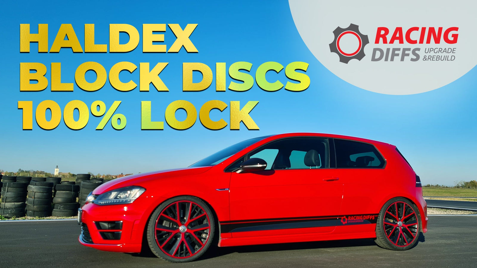 Red Volkswagen Golf R equipped with RacingDiffs Haldex Block Discs for 100% AWD lock, ideal for performance driving.