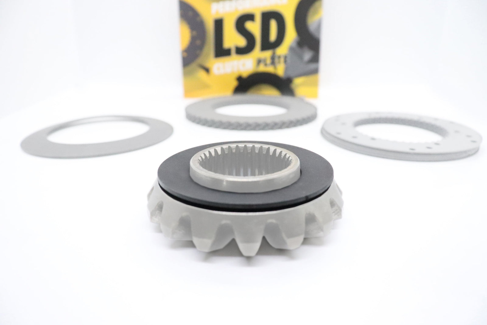 Close-up view of RacingDiffs LSD clutch plate mounted on the sun gear for BMW M differential rebuild.