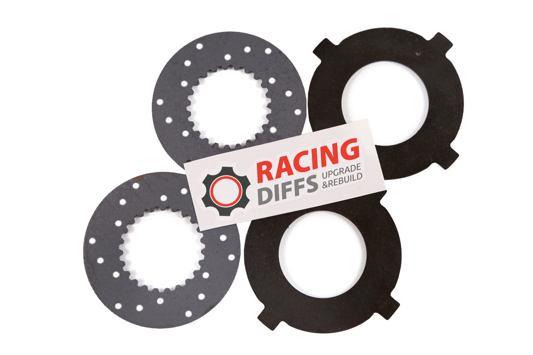Limited Slip Differential (LSD) clutch pack rebuild kit for Porsche Carrera 911, 930 & 968 (1972-1986), featuring high-quality friction and steel plates. The RacingDiffs logo is displayed on a sticker placed over the components.