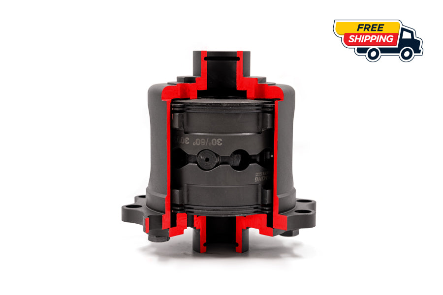 Three-quarter front view of RacingDiffs 168mm LSD unit—adjustable ramp angles, forged housing and internals.