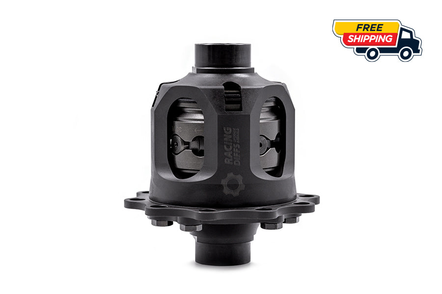 RacingDiffs All-Solution LSD unit for BMW 215K/215L—fully forged clutch-type differential carrier, side profile on white.