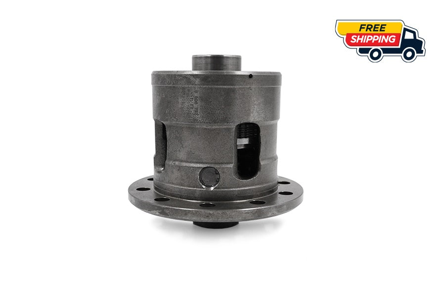 Three-quarter front view of RacingDiffs rebuilt M Variable GKN V2 limited-slip differential carrier—eliminates “M clunk”, upgraded molybdenum-ceramic clutches.