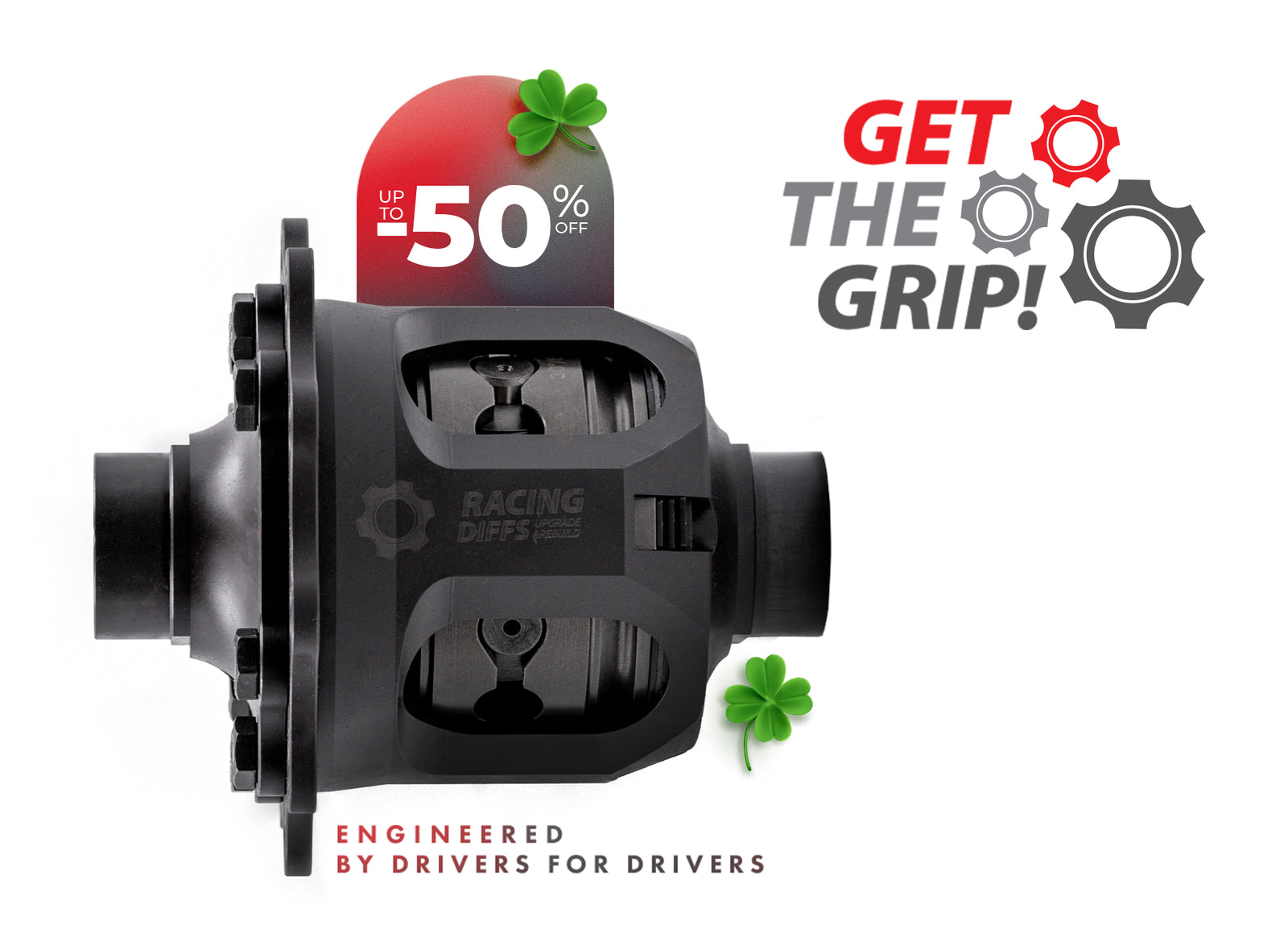 RacingDiffs limited slip differential St. Patrick’s Day sale banner with up to 50% off, engineered by drivers for drivers

