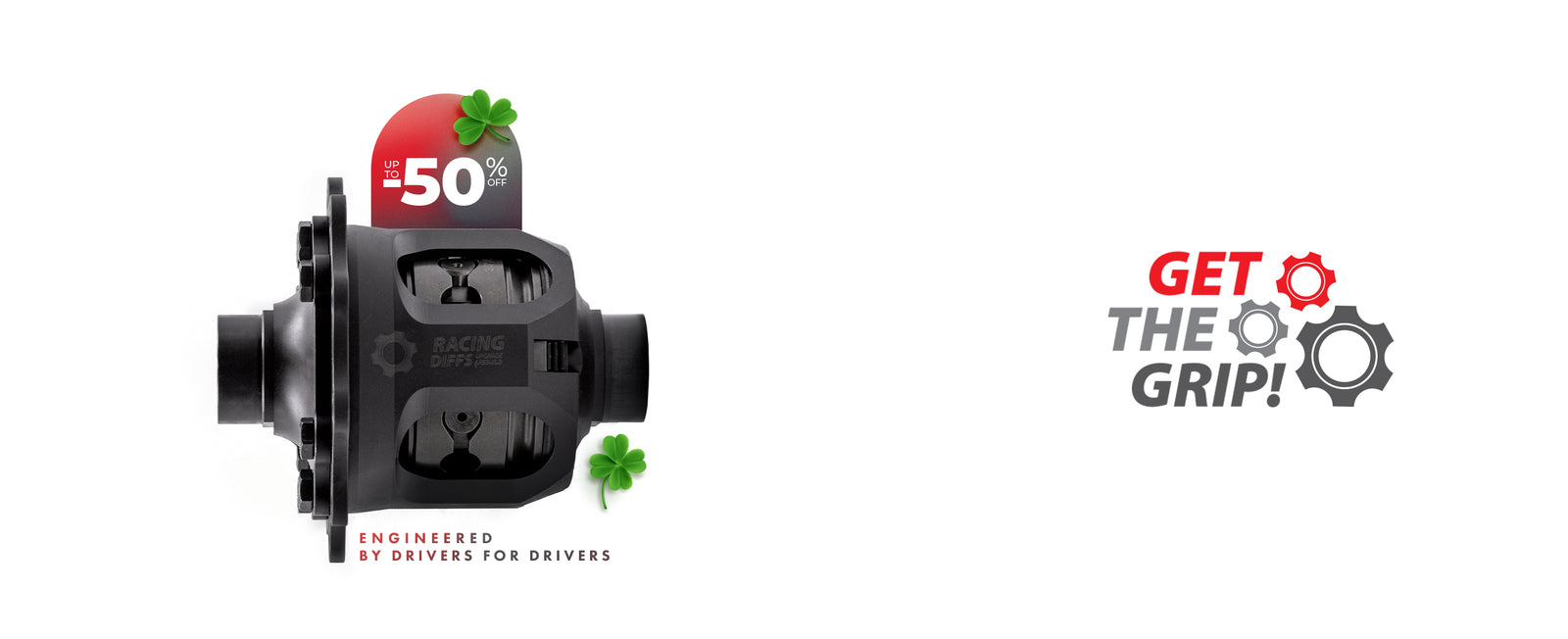 RacingDiffs limited slip differential St. Patrick’s Day sale banner with up to 50% off, engineered by drivers for drivers
